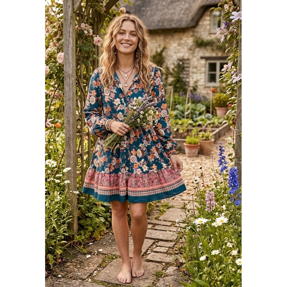 Baltic Born Jane Short Dress Womens S Jade Floral Tiered Ruffle Cottagecore NEW